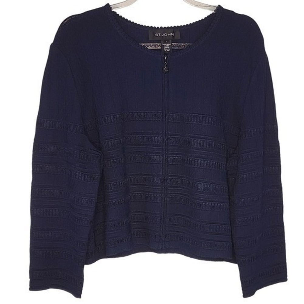 NWT ST JOHN Navy Textured Knit Full Zip Cardigan Sweater Women's Size L